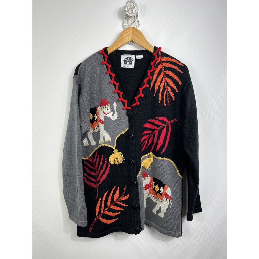 Storybook‎ Knits Cardigan Women's Large Black Elephant Branch Motif Sweater